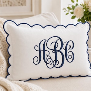 Personalized Embroidered Monogram Pillow Cover, Custom Scalloped Pillow, Decorative Throw Pillow, Wedding & Housewarming Gift