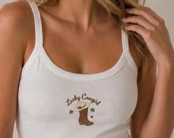 Lucky Cowgirl Embroidered Tank Top, Western St Patrick Outfit, Vintage Rodeo Shirt, Irish Cowgirl Lucky Charm Tee