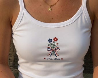 USA 250th Bow Embroidered Tank Top, Bow Floral Patriotic Tank, 1776-2026 America July 4th Gift For Her, USA Summer Tank