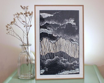 Landscape engraving, “Explore”, blue, linocut, art, wall decoration