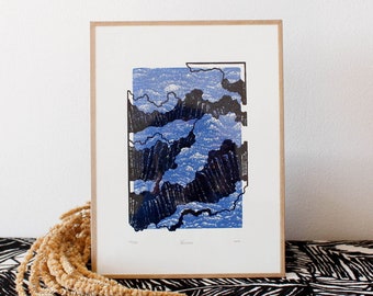 Landscape engraving, "Rêverie", blue, linocut, art, wall decoration