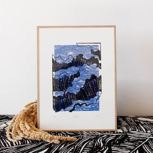 RÊVERIE * linocut landscape, blue, art
