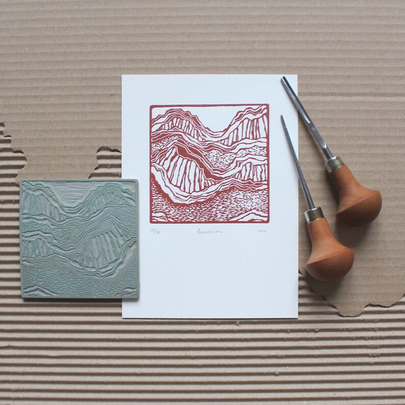 Linocut Numbering EXCURSION * Linocut Landscape, Red, Art - Etsy