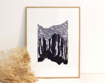 Gravure paysage, «un point après l’autre», ciel, montagne, linogravure, art, décoration murale