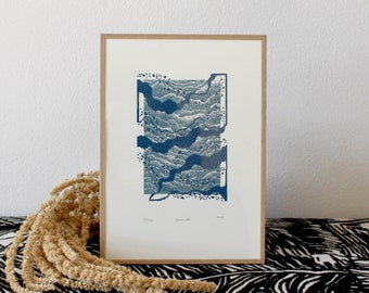 SHOCK * linocut landscape, blue, sky, art