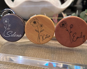 Birth Flower Compact Mirror, Personalized Compact Mirror, Bridesmaid Gift, Birth Month Mirror, Vegan Leather Compact Mirror, Pocket Mirror