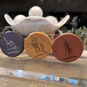 Zodiac Sign Compact Mirror, Personalized Compact Mirror, Horoscope Bridesmaid Gift, Birth Flower Mirror, Vegan Leather Compact Mirror