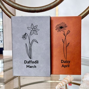 Personalized Leather Birth Flower Journal, Birth Month Flower Gift, Custom Leather Journal, Custom Name Journal, Birthday Gift Notebook