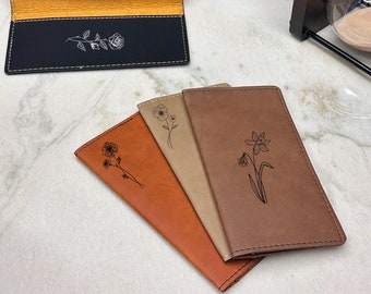 Birth Flower Engraved Checkbook Cover, Personalized Checkbook Cover, Vegan Leather Checkbook Cover, Check Wallet with Name Engraved