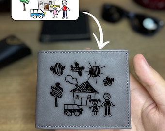 Dad Leather Wallet With Kid Drawing, Custom Child Drawing Leather Wallet, Gift For Father's Day, Personalized Picture Leather Wallet