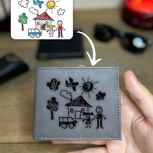 Dad Leather Wallet With Kid Drawing, Custom Child Drawing Leather Wallet, Gift For Father's Day, Personalized Picture Leather Wallet