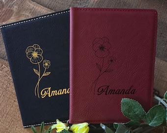 Birth Flower Leather Passport Holder, Custom Name Passport Cover, Personalized Passport Wallet, Handmade Passport Case, Travel Gift