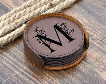 Custom Coaster Set, 6 Piece Coaster Set , Vegan Leather Coaster Set, Personalized Coaster Gift, Engraved Coasters, Wedding Gift, Office Gift