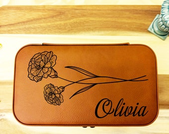 Birth Flower Jewelry Big Travel Case, Birth Month Flower Gift, Personalized Birthday Gift, Leather Jewelry Big Travel Case, Custom Name Case