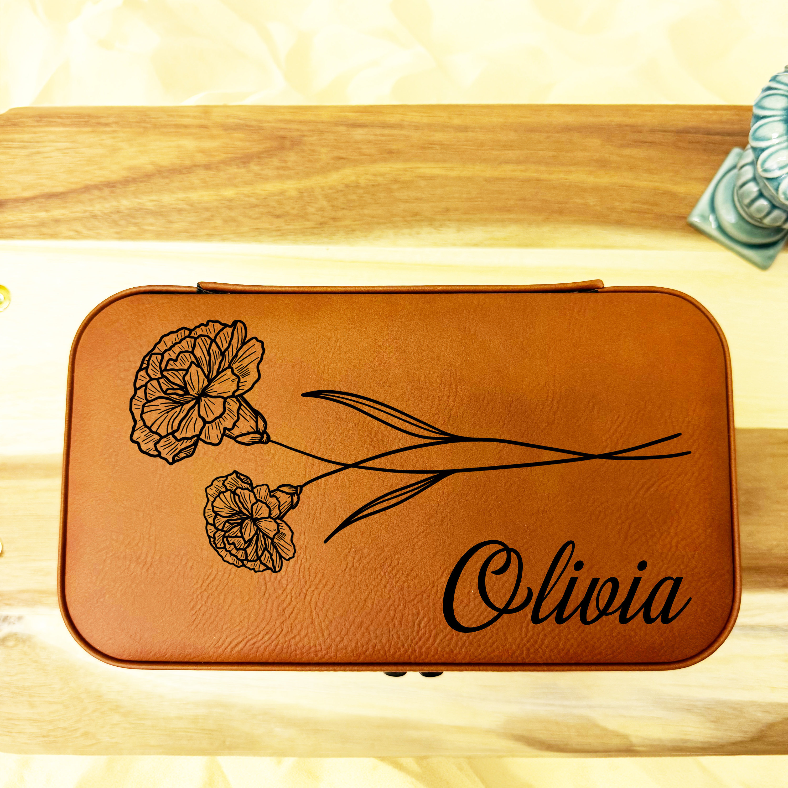 Birth Flower Jewelry Big Travel Case, Birth Month Flower Gift, Personalized Birthday Gift, Leather Jewelry Big Travel Case, Custom Name Case