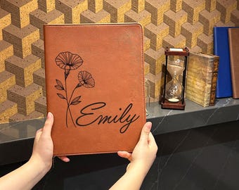 Custom Birth Month Flower Leather Portfolio with Zipper, Personalized Refillable Padfolio, Mother's Day Gift,Birth Month Flower Gift For Her