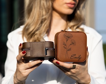 Custom Birth Flower Jewelry Travel Box, Personalized Jewelry Travel Case, Birth Month Flower Gift, Vegan Leather Jewelry Travel Case