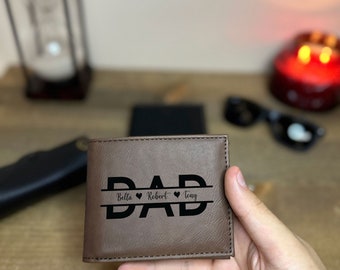 Personalized Kids Name Leather Wallet for Dad, Custom Father's Day Gift with Children Name, Custom Vegan Leather Engraved Dad Wallet