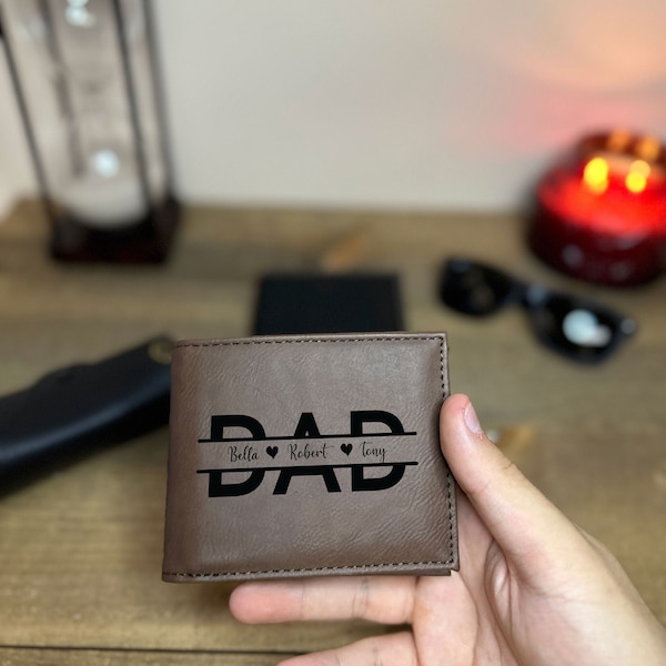 Personalized Kids Name Leather Wallet for Dad, Custom Father's Day Gift with Children Name, Custom Vegan Leather Engraved Dad Wallet