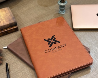 Personalized Company Logo Portfolio, Custom Engraved Company Portfolio, Custom Portfolio with Zipper Leather Portfolio, Unique Portfolio