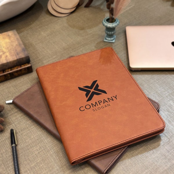 Personalized Company Logo Portfolio, Custom Engraved Company Portfolio, Custom Portfolio with Zipper Leather Portfolio, Unique Portfolio