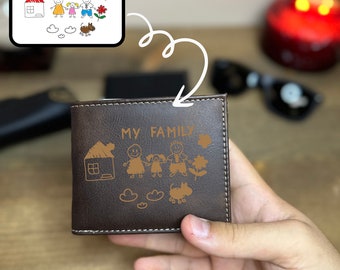 Dad Leather Wallet With Kid Drawing, Custom Child Drawing Leather Wallet, Gift For Father's Day, Personalized Picture Leather Wallet