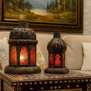 Handmade Moroccan Brass Lantern – Boho Candle Holder with Red Glass Panels, Ramadan Decor, Islamic Festival Light, Moroccan Art