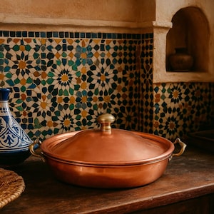 May include: A copper cooking pot with a lid and brass handle. The pot is round and has a shiny finish. The background features a decorative tile wall with a mosaic pattern.