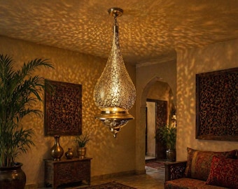 Lámpara colgante de latón hecha a mano, lámpara de techo marroquí, farol colgante en forma de lágrima.
