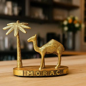 Handmade Moroccan Brass Camel Statue – Boho Camel Shelf Accent, Desert Decor, Camel and Palm Figure, Brass Camel Home Art