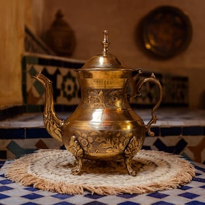 Puede incluir: Una tetera de latón dorado con intrincados grabados florales, colocada sobre una estera tejida sobre una superficie de baldosas azules y blancas. La tetera tiene un pico curvo, un asa y una tapa con un adorno decorativo. El fondo presenta un interior de tonos cálidos.