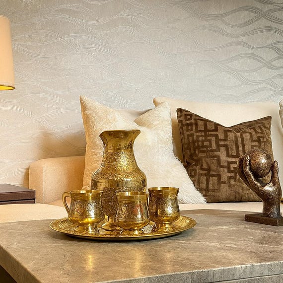 Moroccan Brass Drinkware Set – Handcrafted Pitcher, Cups Serving