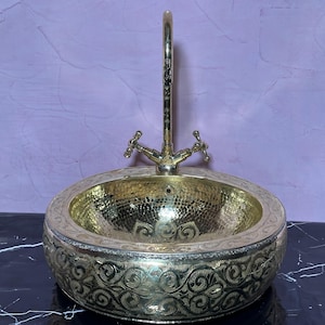 Handmade Moroccan Brass Faucet - Vintage Style Bathroom Tap, Solid Brass Engraved Faucet, Boho Vanity Hardware, Rustic Bathroom Decor