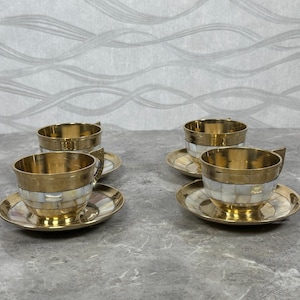 Moroccan Tea Cups – Handmade Brass - Mother of Pearl Set | Luxury Tea Cups for Hosting & Ramadan | Vintage Decorative Gift Set