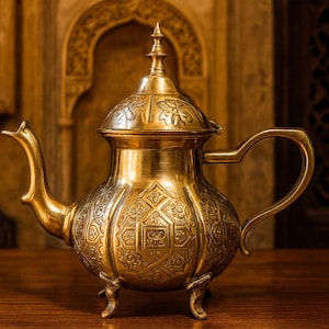 Puede incluir: Tetera dorada ornamentada con intrincados patrones en relieve y un remate puntiagudo en la tapa. La tetera tiene un pico y un asa curvos, y descansa sobre tres pequeños pies. El fondo presenta una superficie de madera y detalles arquitectónicos.