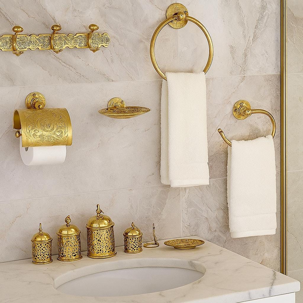 Ensemble Accessoires Salle De Bain Blanc Et Or - Distributeur Savon Et Support Brosse