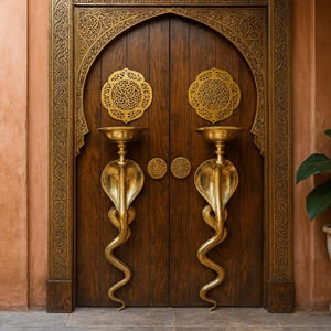 Könnte beinhalten: Aufwendige Holztüren mit goldenen, schlangenartigen Griffen und dekorativen Elementen. Die Türen sind in einer pfirsichfarbenen Wand eingelassen, rechts befindet sich eine Topfpflanze. Das Türdesign weist einen gewölbten oberen Teil und detaillierte Schnitzereien auf.