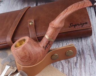 Personalized wooden pipe-handmade pipe-gift for smokers-carved pipe-leather pipe bag-Father's Day gift-gift for him-gift for husband