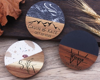 Sous-verres personnalisés en bois de marbre-Cadeaux de mariage-Ensemble de sous-verres personnalisés pour mariage-Cadeaux de pendaison de crémaillère-Cadeau de nouvelle maison-Décoration intérieure-Cadeau d’anniversaire