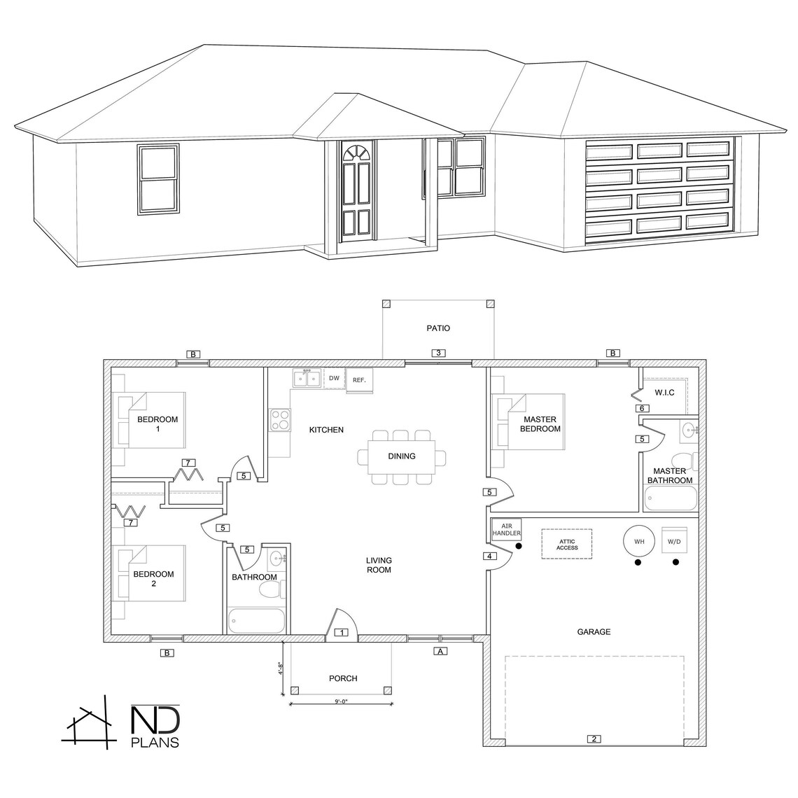 54X40 House Plan 3 Bedroom 2 Bath 1650 Sqft PDF Floor - Etsy