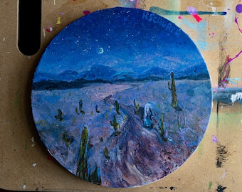 Midnight Desert Traveller Acrylgemälde auf runder Leinwand mit 20 cm Durchmesser