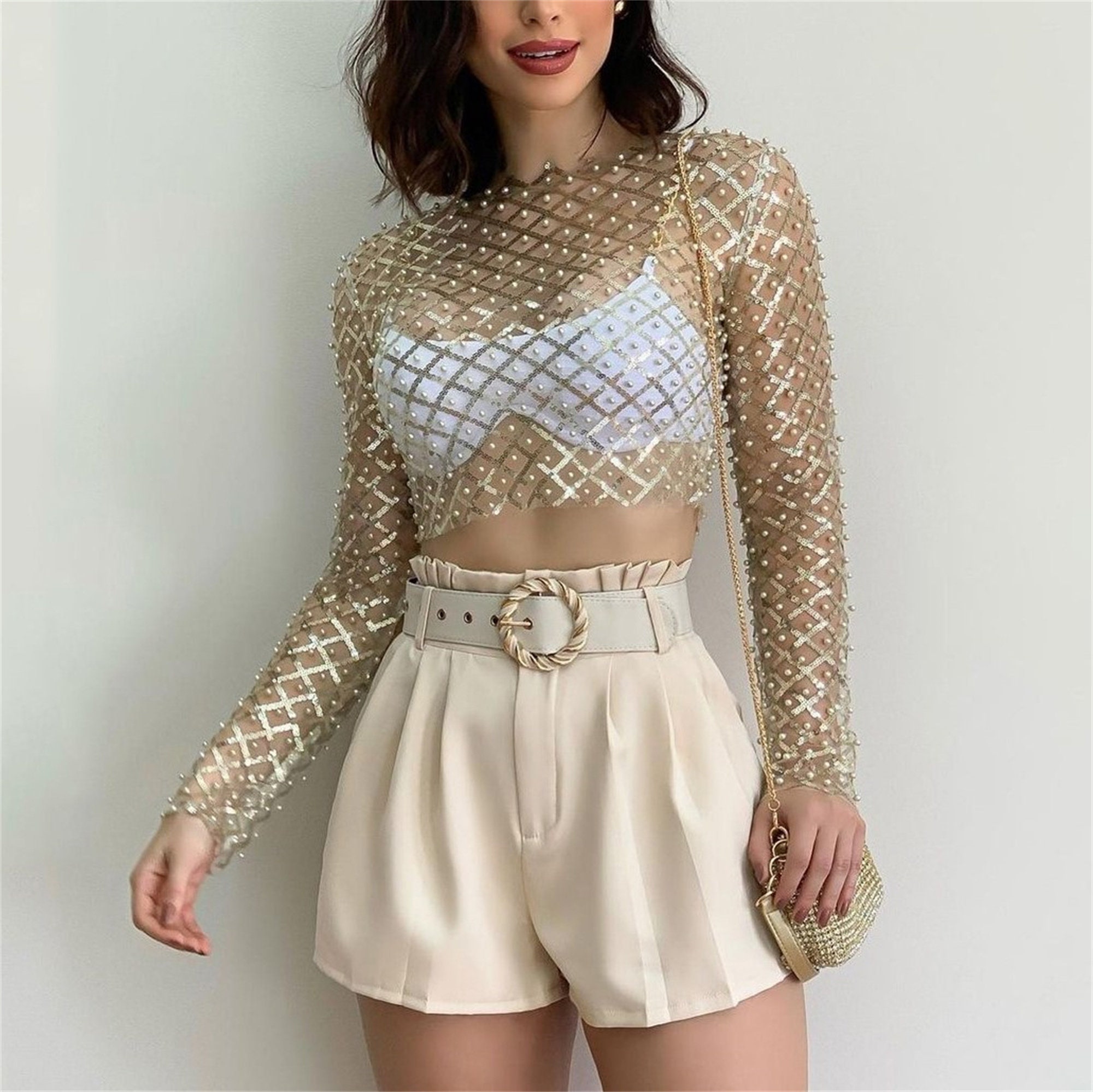 Pearl Mesh Top Large / Nude