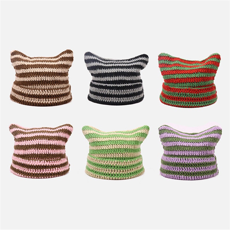 Striped Knitted Wool Hat for Womencat Hatcute Hatcrochet - Etsy