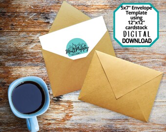 Printable template and instructions for making a 5"x7" envelope from 12"x12" cardstock, no cutting machine needed, Instant Download
