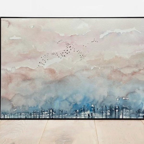 Starlings at Sunset - original hand painted watercolour painting, beautiful bronze metallic clouds. Bird lover, skyscape, gift, wall art