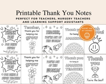 Colour In Teacher Appreciation Notes, Printable Teacher and Assistant Thank You Notes, Nursery, Preschool, Make Your Own, Download PDFs