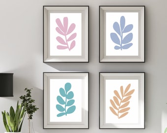 Pastel Leaf Wall Art Print Set, Instant Download Minimalist Art, Modern Boho Nursery Print Set
