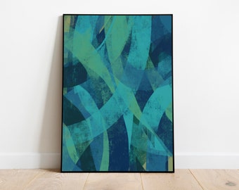 Modern Abstract Wall Art Print, Minimalist Printable Art, Large Contemporary Blue and Green Wall Painting