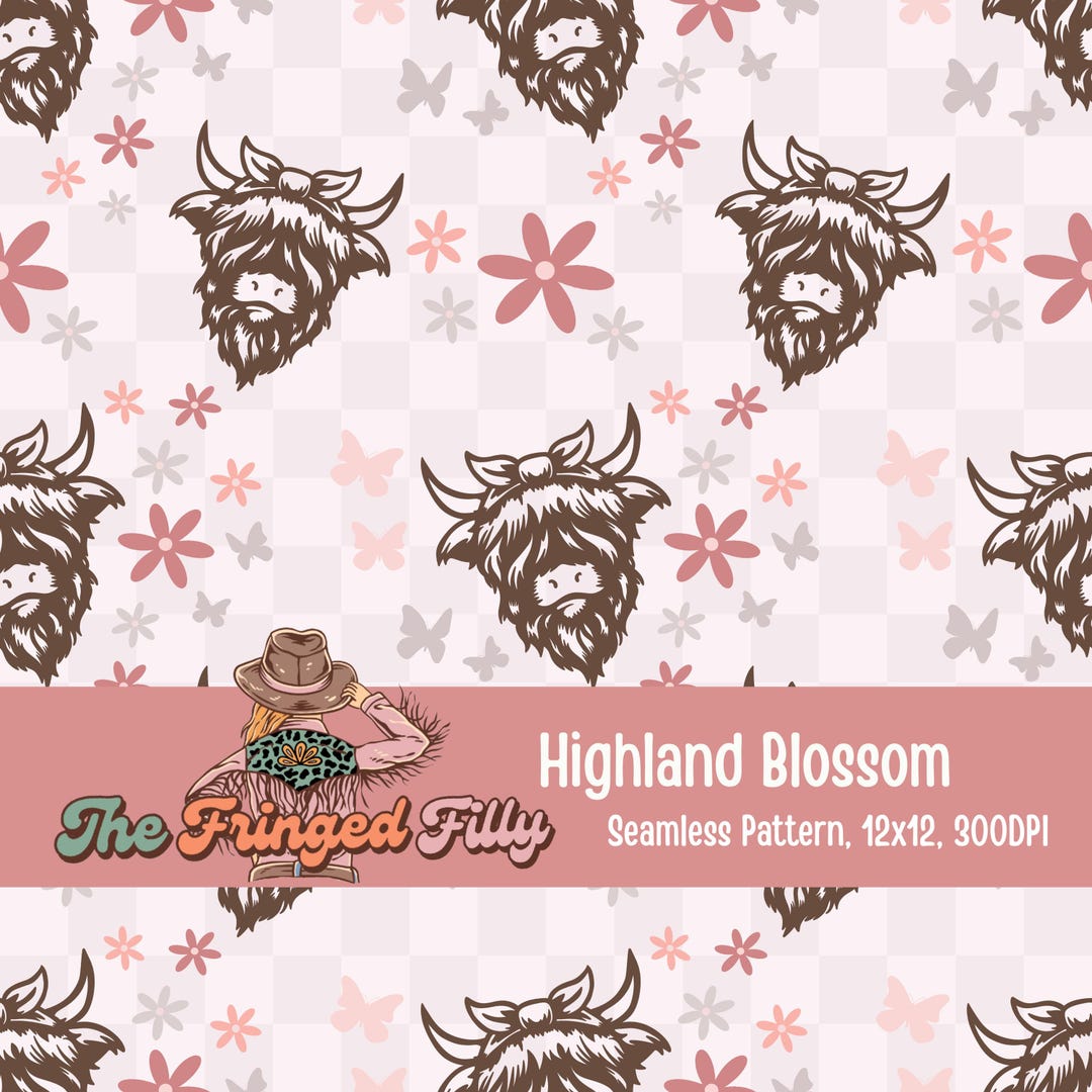Floral Highland Cow Seamless Pattern | Whimsical Farm Fabric (digital ...