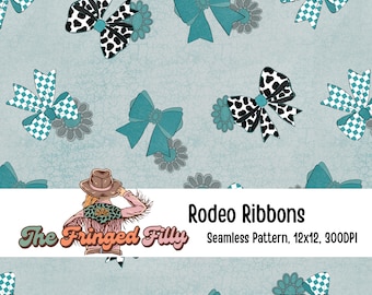 Rubans de rodéo, motif tissu sans couture, vache turquoise, noeuds en cuir, conchos numériques, vêtements western pour enfants
